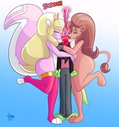 2d 2d_(artwork) 3boys aphrodite_(jamearts) arms_around_partner big_ass big_butt big_hair blonde_hair blonde_hair_male brown_hair brown_hair_male closed_eyes dialogue digital_drawing_(artwork) digital_media_(artwork) feminine feminine_body feminine_male furry furry_male gay gay_kiss gay_kissing gay_male homosexual homosexual_male jamearts jimmy’s_sloppy_life jimmy_(jamearts) kissing_cheek legwear lennox_(jamearts) lion lion_boy lion_ears lion_tail lizard lizardman multiple_boys mwah pink_body pink_fur scalie scalie_male skunk skunk_boy skunk_tail smooch