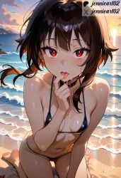 ai_generated bangs bare_legs bare_shoulders barefoot beach bent_knees bikini bikini_bottom black_bikini black_choker black_hair black_swimsuit blue_sky blush breasts brown_hair choker clavicle cleavage clothing cloud collarbone day feet female female female_only halterneck horizon jennieart02 kneeling kono_subarashii_sekai_ni_shukufuku_wo! large_breasts licking looking_at_viewer medium_breasts megumin micro_bikini navel ocean open_mouth outdoors patreon patreon_logo patreon_username red_eyes saliva sand short_hair short_hair_with_long_locks side-tie_bikini_bottom side-tie_clothing side-tie_swimsuit sidelocks sitting sky small_breasts smile solo stomach string_bikini sun sunset sweat swimsuit thighs tongue tongue_out twitter twitter_username wariza water watermark waves wet