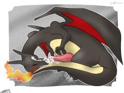 4:3 abstract_background absurd_res bodily_fluids charizard closed_eyes cum fire generation_1_pokemon genital_fluids hi_res nibbling nibbling_tail nintendo pokemon pokemon_(species) shiny_pokemon solo tail tail_humping wings