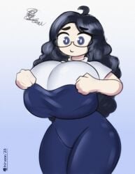 1girls animated animated_gif big_breasts blue_eyes bouncing_breasts breasts cecilia_(hiruson) female female_only gif glasses hiruson overalls