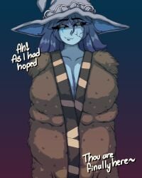 coat dialogue elden_ring female female_focus female_only huge_breasts long_hair looking_at_viewer ranni_the_witch sexualizer souls_(from_software) text thick_legs thick_thighs witch_costume witch_hat