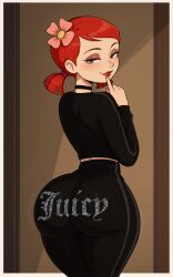 , 1girls ai_generated ass ass_focus big_ass black_clothing black_track_suit female from_behind juicy_couture red_hair short_twintails text_on_clothing total_drama:_revenge_of_the_island total_drama_island track_pants track_suit twintails wide_hips zoey_(tdi)