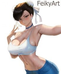 1girls artist_name asian asian_female black_hair busty capcom choker chun-li cleavage feikyart female hair_buns huge_breasts light-skinned_female light_skin midriff peace_sign street_fighter white_background