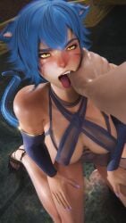 1boy 1girls 3d 3dcg blender blue_hair female final_fantasy_xiv finger_in_mouth hidden imminent_rape light-skinned_female light-skinned_male light_skin looking_at_viewer male medium_breasts meletus3d miqo'te oc pov straight tagme