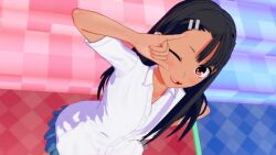 black_hair blush checkered dark_skin female hair_ornament hairclip long_hair oerba_yun_fang one_eye_closed open_mouth shirt skirt smile solo v_over_eye