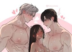 1girls 2boys big_breasts black_hair gray_hair handsome_man love_and_deep_space mmf_threesome muscular_male neck_grab nipples nude_female nude_male protagonist_(love_and_deep_space) sandwich_position sex sweat sylus_(love_and_deep_space) zayne_(love_and_deep_space)