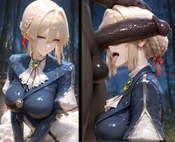 1boy 1girls 2koma ai_generated cheating_girlfriend dark-skinned_male dark_skin female instant_loss instant_loss_2koma male netorare ntr penis_on_face penis_over_eyes violet_evergarden violet_evergarden_(character)