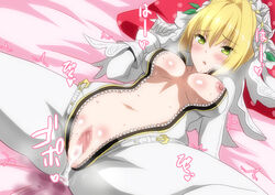 :o after_sex bangs blood blush bodysuit breasts bridal_veil catsuit censored cum cum_in_pussy cumdrip fate/extra fate/extra_ccc fate_(series) female full-length_zipper gloves green_eyes hair_intakes head_wreath heart heart-shaped_pupils heavy_breathing hera_(hara0742) lying medium_breasts navel nero_claudius_(bride) nero_claudius_(fate) nipples on_back on_bed short_hair solo spread_legs stomach sweat symbol-shaped_pupils unzipped veil white_bodysuit white_gloves zipper