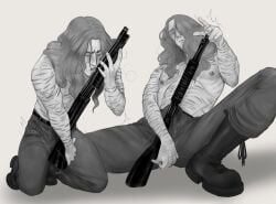 1boy black_and_white boner boner_in_pants bulge_through_clothing combat_boots devilsp3rm dry_humping grinding gun gun_fucking holding_object humping humping_object inanimate_object long_hair male panting postal_(series) postal_dude precum precum_through_clothing scars_all_over self_harm_scars shaking shirtless solo solo_male sweating
