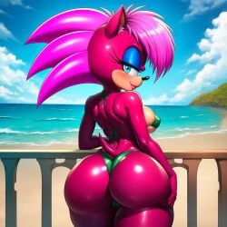 ai_generated ass ass_grab beach beach_background beach_towel bikini booty breasts female hips looking_at_viewer magenta_body magenta_fur oiled oiled_skin pink_hair sand sea seductive seductive_look seductive_smile sky slut_princess sonia_the_hedgehog sonic_(series) sonic_underground sun thighs
