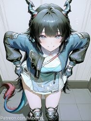 ai_generated aqua_eyes arknights arknights_endfield artist_name black_footwear black_gloves black_hair blue_dress blue_eyes blue_jacket blush boots breasts chen_qianyu_(arknights) closed_mouth copyright_notice dragon_girl dragon_horns dragon_tail dress feet_out_of_frame female from_above gloves green_eyes green_hair grey_eyes grin hair_intakes hand_on_own_hip hands_on_own_hips horns indoors jacket jewelry large_breasts leaning_forward long_hair long_sleeves looking_at_viewer medium_breasts miniskirt mionety mole multicolored_hair open_clothes open_jacket pleated_skirt shirt short_dress skirt smile solo standing tail thighhighs thighs very_long_hair white_dress white_shirt white_skirt