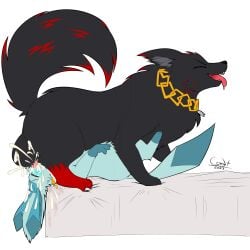 1:1 69_position absurd_res animal_genitalia animal_penis artyom_(thebonemaker) balls bed big_balls black_body black_fur blue_blush blue_body blue_fur blue_pawpads blush bodily_fluids canid canine canine_genitalia canine_penis canis chains closed_eyes collar cum cum_in_mouth cum_inside cyber_comet deep_throat duo eeveelution excessive_cum excessive_genital_fluids feral fluffy fluffy_tail fur furniture generation_4_pokemon genital_fluids genitals glaceon gold_(metal) gold_chain hi_res knotting leg_markings looking_forward looking_pleasured lying male male/male male_on_bottom male_on_top mammal markings narrowed_eyes nintendo on_back on_bottom on_top oral oral_knotting oral_penetration pawpads penetration penis pokemon pokemon_(species) sex sheath simple_background size_difference socks_(marking) squint tail tongue tongue_out wolf
