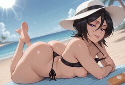 1girls ai ai-created ai_art ai_assisted ai_generated beach bikini black_bikini black_hair bleach bubble_butt female hair_between_eyes kuchiki_rukia laying laying_on_stomach looking_at_viewer medium_breasts purple_eyes short_hair showing_tongue solo solo_female summer_hat tongue zxcfiend
