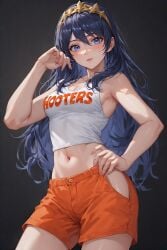 1girls ai ai_generated belly black_background blue_eyes blue_hair diadem female female_focus female_only fire_emblem fire_emblem_awakening golden_diadem hand_on_hip hooters hooters_uniform intelligent_systems long_hair looking_at_viewer lucina_(fire_emblem) navel nintendo orange_shorts quinzo11 self_upload standing standing_female