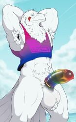 5:8 anthro avian balls beak big_balls big_penis biped bird bisexual_pride_colors cloud condom corrsk corrsk_(character) corvid corvus_(genus) feathers genitals glans hi_res humanoid_genitalia humanoid_penis lgbt_pride male male_only muscular muscular_anthro muscular_male oscine passerine penis pride_colors rainbow_condom rainbow_pride_colors raven sexual_barrier_device solo wearing_condom white_body white_feathers