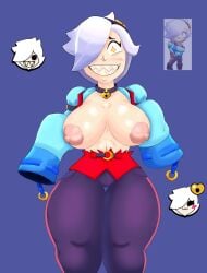 1girls ass big_areola big_breasts big_thighs blush boob_focus brawl_stars breasts breasts colette_(brawl_stars) crazy_eyes female hair_over_one_eye huge_breasts long_sleeves looking_at_viewer ripped_clothing self_upload semi_nude sharp_teeth smile smiling_at_viewer thick_thighs tits_out torn_clothes voluptuous white_hair wide_hips