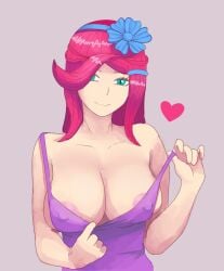 1girls areola_slip areolae big_breasts dress female heart looking_at_viewer nipple_bulge nyxaquarious re-logic solo solo_female stylist_(terraria) teasing terraria undressing