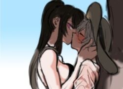 2girls bare_shoulders black_hair blurry blurry_foreground blush bra chromatic_aberration closed_eyes depth_of_field female from_side hat kissing long_hair motion_blur multiple_girls purple_eyes shirt white_hair yuri
