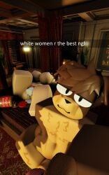 1boy 3d after_sex bedroom brown_fur canine cum_in_pussy english_text female femboy femboy_on_female floppy_ears furry human male/female nekomaniaa passed_out peanut_butter roblox roblox_avatar robloxian self_upload