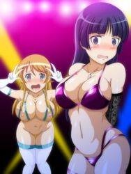 2girls areolae arms_behind_back arms_up bent_over bikini bikini_top blonde_hair blue_eyes blush bottomless bra breasts cleavage collarbone cowboy_shot double_v elbow_gloves embarrassed erect_nipples gloves gokou_ruri hair_ornament hairclip jewelry kousaka_kirino large_breasts leaning_forward long_hair looking_at_viewer midriff multiple_girls navel nipple_bulge nipples open_mouth ore_no_imouto_ga_konna_ni_kawaii_wake_ga_nai panties pose purple_eyes purple_hair pussy revealing_clothes smile stomach suzumori_kuroku sweat swimsuit tears thighhighs thighs underwear v wavy_mouth