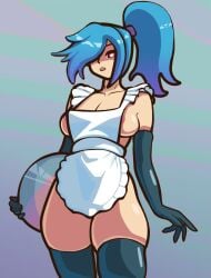 1girls apron areola_slip areolae big_breasts breasts female gloves looking_at_viewer looking_down low-angle_view nyxaquarious re-logic shimmered_stylist_(terraria) sideboob solo solo_female stockings stylist_(terraria) terraria thick_thighs tray