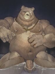 anthro balls bathing bear belly ben_bigger brown_body brown_fur facial_scar flaccid foreskin fur genitals hi_res jewelry looking_at_viewer male mammal mihoyo missing_eyes musclegut muscular necklace night nipples nude partially_submerged pecs penis penis_base scar sky solo star starry_sky uncircumcised vein veiny_penis zahendd zenless_zone_zero
