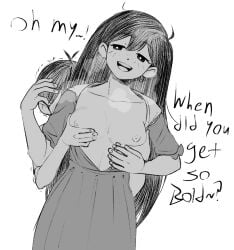 areola areolae black_hair blush breast_grab breasts breasts_out brother_and_sister cabronpr english_text implied_incest incest long_hair mari_(omori) nipple older_female older_sister older_sister_younger_brother omori siblings small_breasts smiling steam steaming_body sunny_(omori) text unseen_male_face younger_brother younger_male
