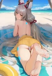 ai_generated animal_ear_fluff animal_ears ass back barefoot beach beach_towel bikini blunt_bangs blush breasts cat_ears cum cum_on_body cum_on_feet day facial_mark feet feet_up female foot_focus foreshortening from_behind grey_hair grin innertube long_hair looking_at_viewer looking_back lotion low_twintails lying ocean on_stomach outdoors sky smile soles solo sunscreen swim_ring swimsuit thighs toenails toes tree twintails very_long_hair vysetf water yellow_eyes