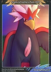 anatomically_correct anatomically_correct_genitalia anatomically_correct_penis beak black_body black_feathers bodily_fluids brown_eyes cum cum_from_penis cum_on_penis digital_media_(artwork) digital_painting_(artwork) dusk erection feathers feral front_view genital_fluids genitals head_crest hi_res landscape looking_at_viewer male multicolored_body multicolored_feathers nintendo painting_(artwork) penis pokemon pokemon_(species) red_body red_feathers sky stellaamoris tan_body tan_feathers tapering_penis text url white_body white_feathers wings yellow_beak