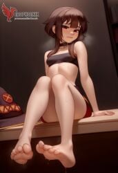 1girls 2d ai_generated ass back bare_shoulders barefoot big_ass bra brown_hair collar erophoenix female female_focus full_body kono_subarashii_sekai_ni_shukufuku_wo long_hair looking_at_viewer megumin pale_skin pale_skinned_female panties patreon_username red_eyes short_hair sitting small_breasts smile soles solo thick thick_thighs uncensored underwear