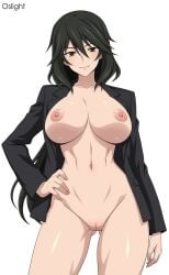artist_name black_hair black_jacket breasts breasts_apart brown_eyes closed_mouth commentary commentary_request cowboy_shot english_commentary female highres infinite_stratos jacket large_breasts long_hair long_sleeves naked_jacket navel nipples orimura_chifuyu oslight pussy simple_background smile solo standing stomach uncensored watermark white_background