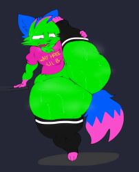 2025 anthro black_background black_clothing black_legwear black_nose blue_ears blue_tail bodily_fluids bottomless bottomless_anthro bottomless_male cheek_tuft chest_tuft clothed clothing dipstick_tail domestic_cat don't_touch_my_pizza_(meme) english_description english_text facial_tuft fangs felid feline felis fur gloves_(marking) green_body green_fur herwist hi_res holding_leg kevin_(nyanwolf) legwear male mammal markings nyanwolf on_one_leg open_mouth pink_clothing pink_markings pink_shirt pink_topwear raised_leg shirt simple_background solo sparklefur standing sweat sweaty_face sweaty_legs sweaty_thighs tail tail_markings teeth text text_on_clothing text_on_shirt text_on_topwear thick_thighs topwear tuft wide_hips