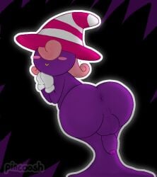 anus ass backsack balls blush bottomless clothed clothing curly_hair digital_media_(artwork) erection foreskin futanari genitals glans gloves hair handwear hat headgear headwear hi_res humanoid humanoid_genitalia humanoid_penis intersex looking_at_viewer looking_back mario_bros nintendo outline paper_mario paper_mario:_the_thousand_year_door penis penis_backwards perineum pincoosh pink_hair presenting presenting_hindquarters rear_view shadow_creature shadow_siren signature simple_background smile solo trans trans_woman transfem uncircumcised vivian_(mario) vivian_(paper_mario) white_outline witch_hat