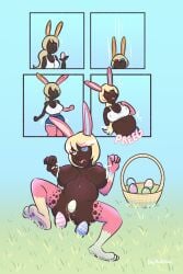 2021 3_toes alternate_version_at_source anthro artist_name ass basket belly belly_expansion biped black_body black_fur blonde_hair blue_eyes blue_sclera bodily_fluids bottomwear bra breasts butt_expansion censored_version_at_source clothed clothing colored container easter easter_egg egg egg_from_vagina exclamation_point expansion feet female fur grass hair heterochromia hi_res holidays inkyfluffsdraws lactating lagomorph leg_markings legs_together leporid looking_pleasured luci_valentine_(sandr032) mammal markings motion_lines nipples non_oviparous_oviposition nude open_mouth outside pawpads pink_ears pink_markings pink_pawpads plant pregnant pregnant_anthro pregnant_female rabbit rapid_pregnancy red_eyes shorts shrinking simple_background sitting sitting_on_ground size_transformation socks_(marking) solo spread_legs spreading standing tan_ears text toes tongue tongue_out transformation underwear white_markings
