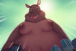 ai_generated bbw city_background dreamworks giantess gloria_the_hippopotamus low-angle_view macro madagascar_(series) perchance_ai towering