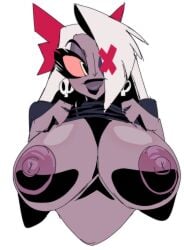 1girls 2025 areolae big_breasts big_lips breasts breasts_out busty cleavage clothed clothed_female clothing demon demon_girl demon_humanoid earrings female fleshpie669 front_view grey_body grey_skin hair hair_over_one_eye hairbow hazbin_hotel hi_res huge_breasts humanoid large_areolae large_breasts long_hair looking_away nipples partially_clothed pink_sclera plump_lips presenting presenting_breasts purple_body purple_nipples purple_skin shirt_lift shirt_up simple_background solo thick_lips upper_body vaggie_(hazbin_hotel) white_background white_eyes