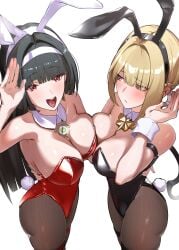 2girls :d absurdres animal_ear_hairband animal_ears arm_strap arm_up astra_yao asymmetrical_docking black_hair black_leotard blonde_hair blush breast_press breasts brown_pantyhose cleavage detached_collar evelyn_chevalier fake_animal_ears female hairband hand_on_another's_waist highres large_breasts leotard mole mole_under_eye multiple_girls open_mouth pantyhose playboy_bunny purple_eyes rabbit_ear_hairband rabbit_ears rabbit_tail red_eyes red_leotard simple_background smile tail white_background white_hairband wrist_cuffs yoruta_(yossy_puyo_holo) zenless_zone_zero