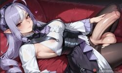 1futa ai_generated breasts covered_nipples foreskin futanari heart momodart on_back pantyhose penis pointy_ears see-through stable_diffusion tagme torn_pantyhose vivian_(zenless_zone_zero) zenless_zone_zero
