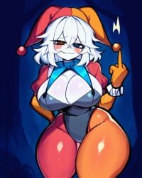 1girls absurd_res ai_generated balatro black_leotard blue_eyes blush blush_stickers breasts_bigger_than_head cleavage falsegate female flipping_off flipping_viewer_off gloves heterochromia highres huge_breasts jester jester_hat jimbo_(balatro) large_breasts leotard medium_hair middle_finger orange_eyes orange_pantyhose pantyhose red_pantyhose self_upload solo stable_diffusion thick_thighs white_hair white_skin wide_hips