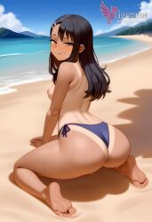 1girls 2d ai_generated areolae ass back bare_shoulders beach big_ass bikini bikini_pull black_hair blue_bikini blue_eyes brown_eyes competition_swimsuit dark_skin dark_skinned_female day erophoenix female female_focus full_body hairclip hayase_nagatoro jewelry long_hair looking_at_viewer ocean one-piece_swimsuit one-piece_tan outdoors patreon_username please_don't_bully_me,_nagatoro sitting skin_fang sky small_breasts smile solo swimsuit tan tan_body tan_lines tanline thick thick_thighs uncensored