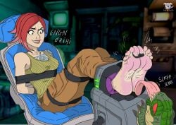 1girl 2d absurdres alien_beast babe badash01 barefoot blue_tattoo bondage borderlands crying_laughing feet feet_together female female_focus female_only foot_fetish foot_focus foot_lick foot_play foot_worship green_eyes highres laughing licking_foot lilith_(borderlands) nervous_female pink_soles pink_toenail_polish puppy red_hair redhead redhead_female restrained restrained_female skag soles soles_fetish stocks sweating tattoo tickle_fetish tickle_torture tickling tickling_feet tied_up toes tongue_out video_game video_game_character