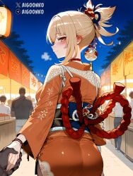 1girls ai_generated aigoonko amber_eyes ass blonde_hair blush dressed_female female festival from_behind genshin_impact holding_head jewelry lantern light-skinned_female light_skin night no_sex sky smile smiling yoimiya_(genshin_impact) yukata