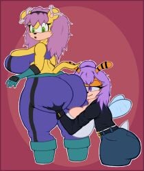 2girls antennae_(anatomy) archie_comics ass_bigger_than_head ass_dough ass_grab ass_to_face bee belt big_ass big_breasts boots breasts bubble_butt cleavage clothed cream_fur ear_piercing exposed_torso eyelashes female female_only gloves gluteal_fold grabbing_ass green_eyes hairband kneading leggings looking_back looking_down love_handles mina_mongoose mobian_(species) oc orange_fur original_character pants purple_eyes purple_hair reasue sega sideboob slightly_chubby sonic_(series) sonic_the_hedgehog_(comics) sonic_the_hedgehog_(series) sports_bra squeezing_butt stinger tail thick_thighs three-quarter_portrait wings yellow_body yuri