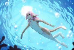 anthro bubble casual_nudity feline flaccid fumiko fur furry furry_only girly green_eyes hair long_hair male male_only mammal nipples nude penis pink_hair solo stripes sun swimming tail underwater water