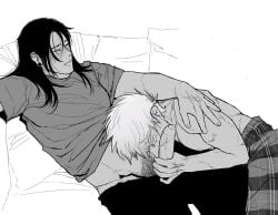 2boys blowjob getou_suguru gojou_satoru jujutsu_kaisen long_hair precum satoru_gojo suguru_geto to_soren white_hair