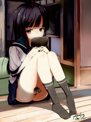 1futa analog_kenshi_(moto) anus ass balls ballsack bangs bar_censor black_hair black_legwear blue_skirt blunt_bangs blush censored day electronics foreskin full-package_futanari full_body futa_only futanari game_console half-closed_eyes handheld_game_console hatsuyuki_(kantai_collection) highres holding human intact intersex kantai_collection kneehighs legs_together long_foreskin looking_at_viewer miniskirt nintendo_3ds no_panties no_shoes outdoors penis penis_out penis_under_clothes penis_under_skirt perineum scrotum semi-erect shiny shiny_hair shirt short_sleeves skirt skirt_lift sliding_doors small_balls small_penis smooth_penis solo straight_hair sunlight tatami testicles thighs uncut unretracted_foreskin upskirt white_shirt