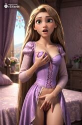 1girls ai_generated artist_name bed bedroom blonde_hair blurry blurry_background blush breasts collarbone corset cowboy_shot curtains disney disney_princess dress female_masturbation fingering freckles grabbing_own_breast green_eyes hi_res indoors juliet_sleeves lips long_hair long_sleeves looking_at_viewer masturbation medium_breasts no_panties open_mouth puffy_sleeves purple_dress pussy r34arts rapunzel rapunzel_(tangled) solo standing tangled twitter_logo uncensored very_long_hair window