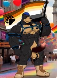 abs absurd_res anthro balls bear bear_pride_colors beard big_balls big_muscles big_penis black_bear black_beard black_body black_facial_hair black_fur blue_hair bodily_fluids body_hair boots bulge chest_harness chest_tuft clothing detailed_bulge facial_hair fluffy fluffy_chest footwear fur genital_fluids genitals hair hairy_balls harness hi_res huge_muscles humanoid_genitalia humanoid_penis leaking_precum lgbt_pride male male/male mammal muscular nipple_piercing nipples penis piercing precum pride_colors shoes smile smiling_at_viewer smirk smirking_at_viewer solo trim tuft unknownbear ursine xmonstadogx yellow_body yellow_fur