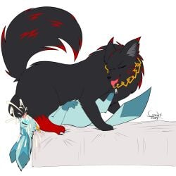 1:1 69_position absurd_res animal_genitalia animal_penis artyom_(thebonemaker) balls bed big_balls black_body black_fur blue_blush blue_body blue_fur blue_pawpads blush bodily_fluids canid canine canine_genitalia canine_penis canis chains closed_eyes collar cum cum_in_mouth cum_inside cyber_comet deep_throat duo eeveelution excessive_cum excessive_genital_fluids feral fluffy fluffy_tail fur furniture generation_4_pokemon genital_fluids genitals glaceon gold_(metal) gold_chain hi_res knotting leg_markings looking_back looking_pleasured lying male male/male male_on_bottom male_on_top mammal markings narrowed_eyes nintendo on_back on_bottom on_top oral oral_knotting oral_penetration pawpads penetration penis pokemon pokemon_(species) sex sheath simple_background size_difference socks_(marking) squint tail tongue tongue_out wolf