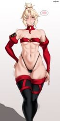 1girls abs bare_shoulders black_panties black_string_panties black_thighhighs blonde_hair blush blush clothed clothed_female clothing detached_sleeves fate/apocrypha fate/grand_order fate_(series) female female_only flat_chest flat_chested green_eyes hand_on_hip hand_on_own_hip light-skinned_female light_skin light_skinned_female mordred_(fate) muscular muscular_female navel panties ponytail short_ponytail small_breasts solo solo_female string_panties thick_thighs thighhighs toned toned_female wide_hips zealyush